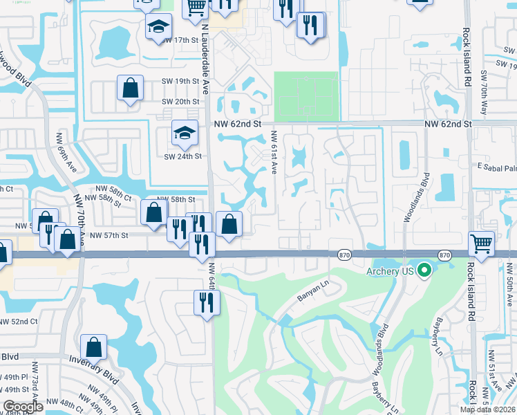 map of restaurants, bars, coffee shops, grocery stores, and more near 22 Northwest 57th Court in Tamarac