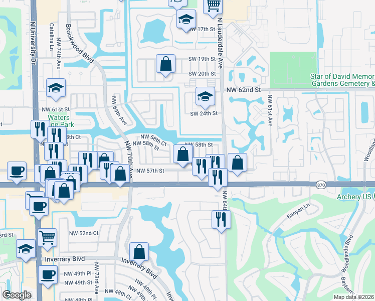 map of restaurants, bars, coffee shops, grocery stores, and more near 5713 Northwest 66th Avenue in Tamarac