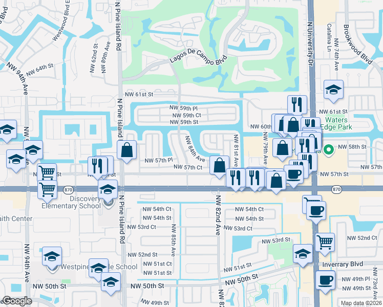 map of restaurants, bars, coffee shops, grocery stores, and more near 5701 Northwest 84th Avenue in Tamarac