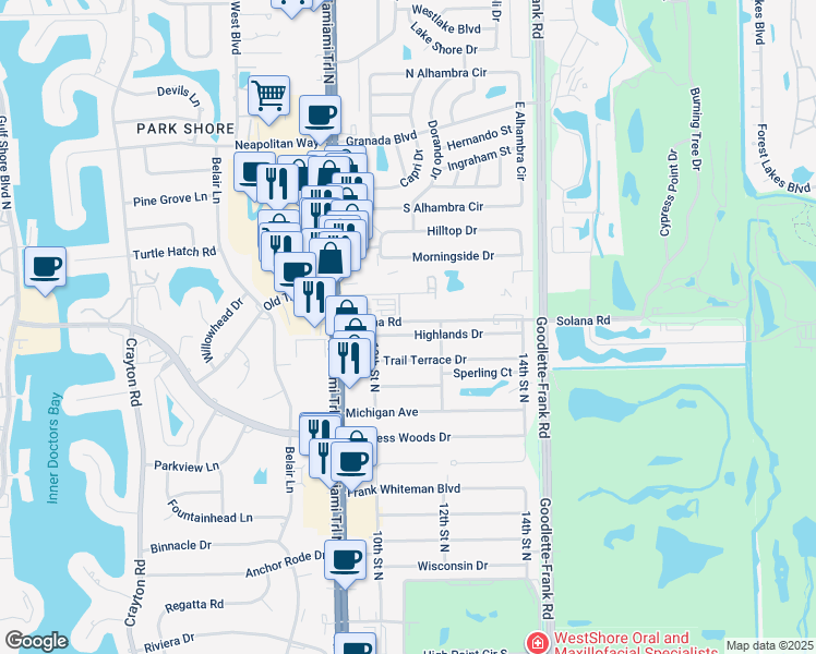 map of restaurants, bars, coffee shops, grocery stores, and more near 1034 Highlands Drive in Naples