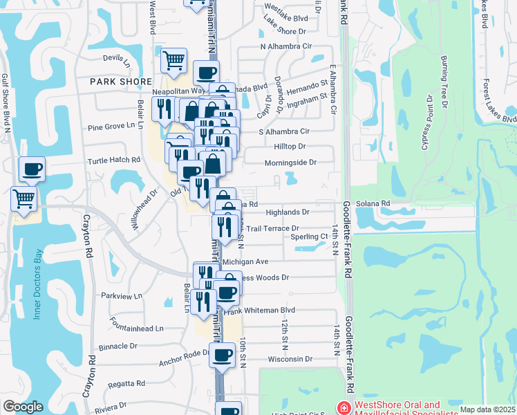 map of restaurants, bars, coffee shops, grocery stores, and more near 1034 Highlands Drive in Naples