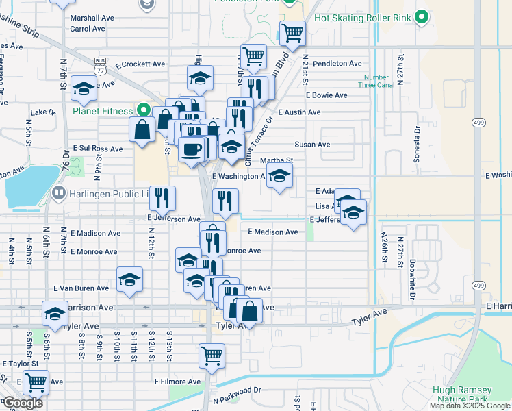 map of restaurants, bars, coffee shops, grocery stores, and more near 1902 East Washington Avenue in Harlingen
