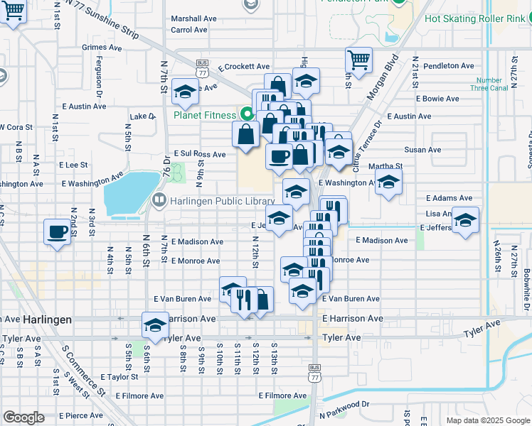 map of restaurants, bars, coffee shops, grocery stores, and more near 1201-1299 East Jefferson Avenue in Harlingen