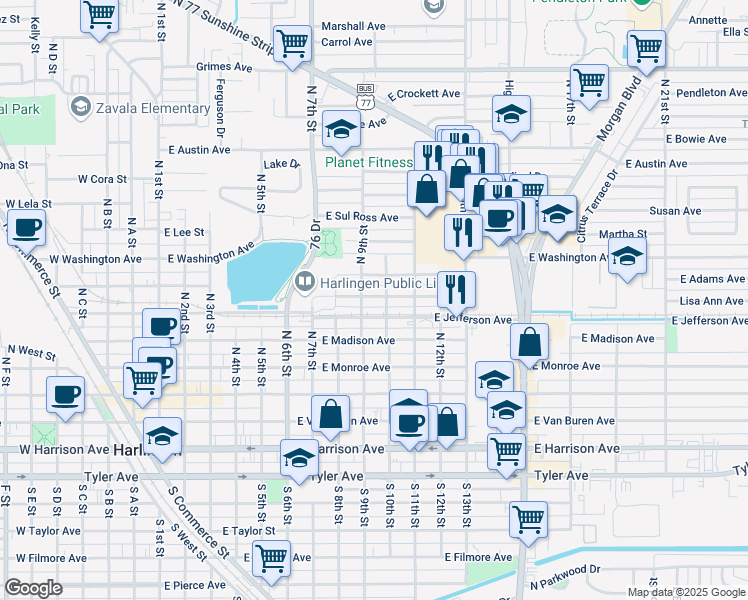 map of restaurants, bars, coffee shops, grocery stores, and more near 411-447 North 10th Street in Harlingen