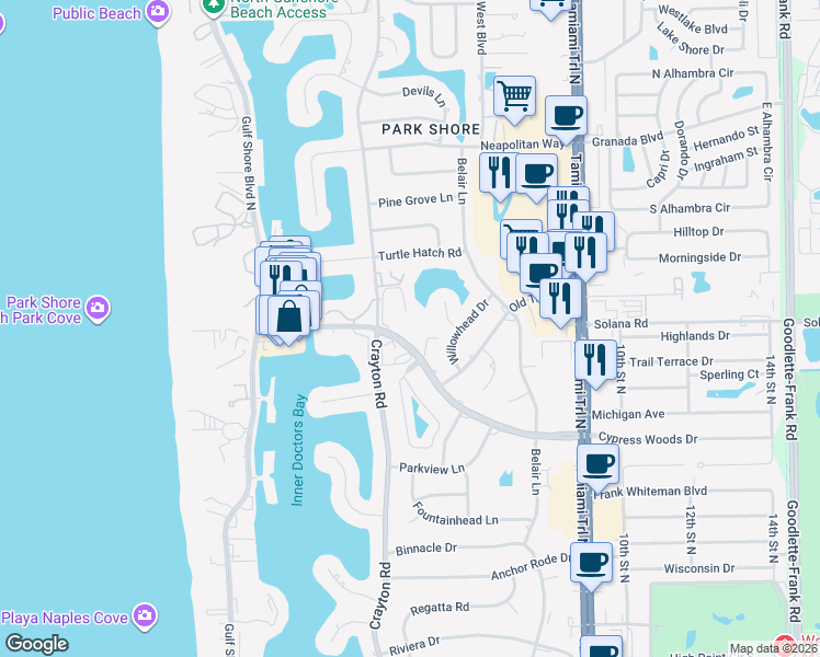 map of restaurants, bars, coffee shops, grocery stores, and more near 555 Park Shore Drive in Naples
