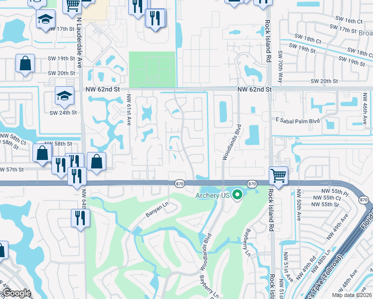 map of restaurants, bars, coffee shops, grocery stores, and more near 2 The Common in Tamarac