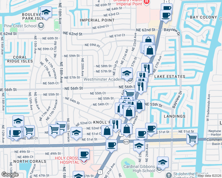 map of restaurants, bars, coffee shops, grocery stores, and more near 2191 Northeast 55th Court in Fort Lauderdale