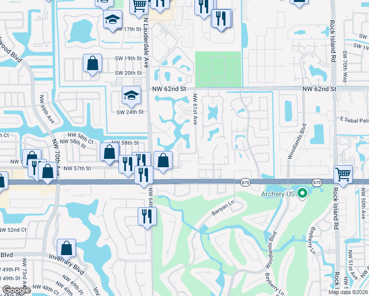 map of restaurants, bars, coffee shops, grocery stores, and more near 22 Northwest 57th Court in Tamarac