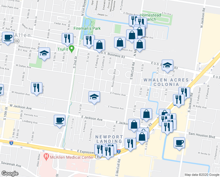 map of restaurants, bars, coffee shops, grocery stores, and more near 500 South Rose Ellen Circle in McAllen