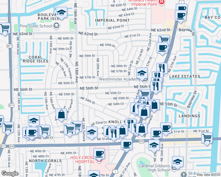 map of restaurants, bars, coffee shops, grocery stores, and more near 2041 Northeast 55th Court in Fort Lauderdale