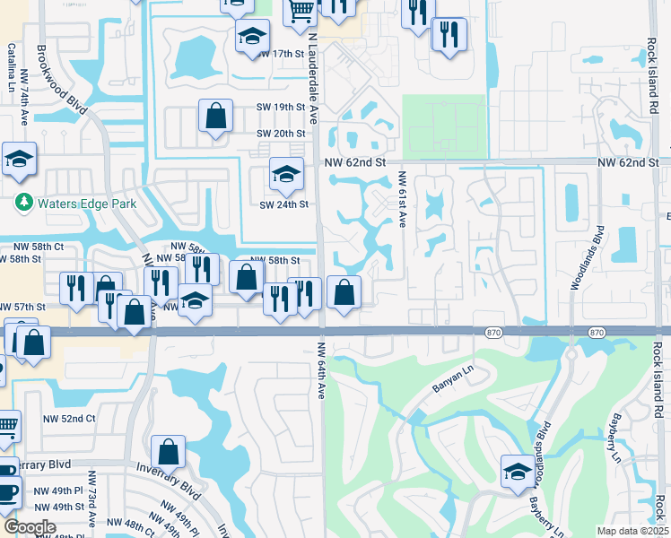 map of restaurants, bars, coffee shops, grocery stores, and more near 5830 Northwest 64th Avenue in Tamarac