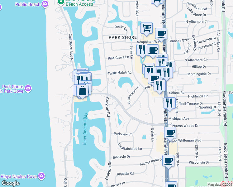 map of restaurants, bars, coffee shops, grocery stores, and more near 561 Park Shore Drive in Naples