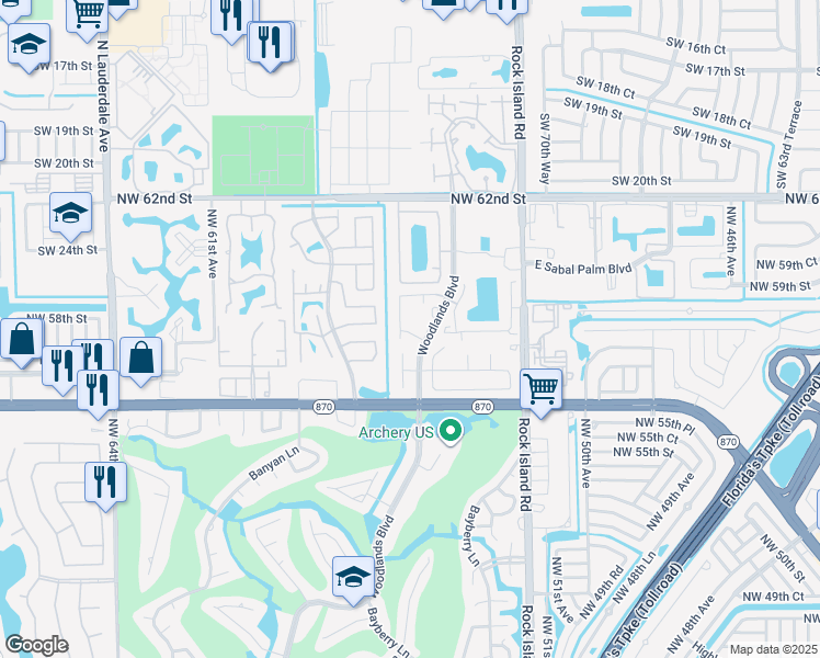 map of restaurants, bars, coffee shops, grocery stores, and more near 5730 Northwest 55th Lane in Tamarac