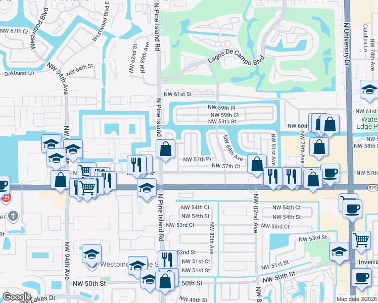 map of restaurants, bars, coffee shops, grocery stores, and more near 5712 Northwest 87th Avenue in Tamarac