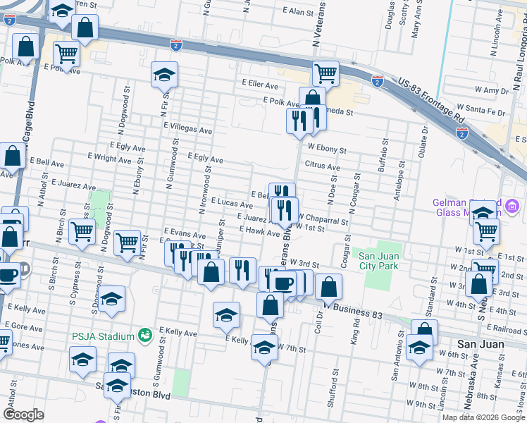 map of restaurants, bars, coffee shops, grocery stores, and more near 1212 East Juarez Avenue in Pharr