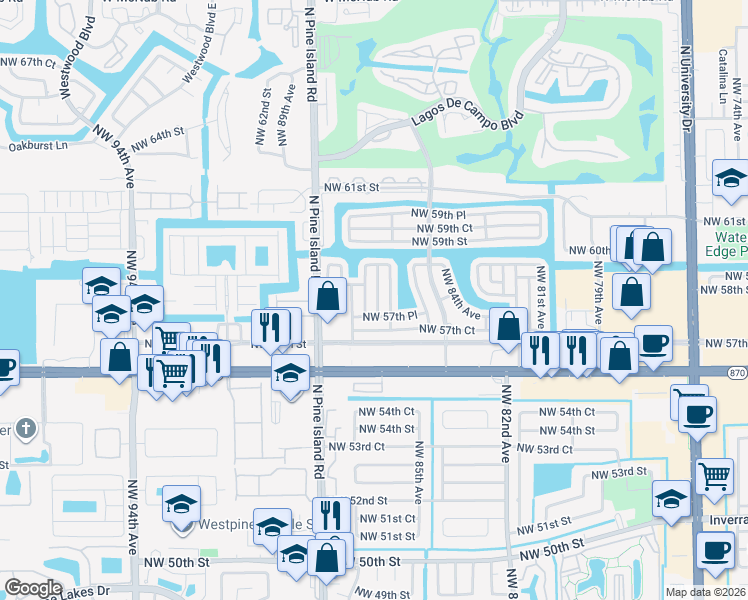 map of restaurants, bars, coffee shops, grocery stores, and more near 5712 Northwest 87th Avenue in Tamarac