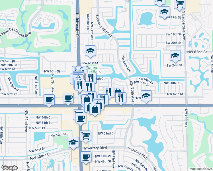 map of restaurants, bars, coffee shops, grocery stores, and more near 7309 Northwest 57th Drive in Tamarac