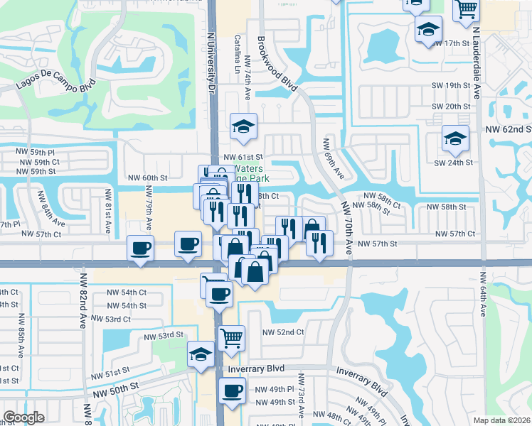 map of restaurants, bars, coffee shops, grocery stores, and more near 7309 Northwest 57th Drive in Tamarac