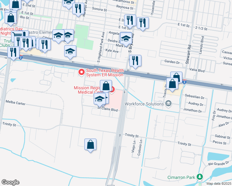 map of restaurants, bars, coffee shops, grocery stores, and more near 900 South Bryan Road in Mission