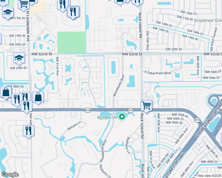 map of restaurants, bars, coffee shops, grocery stores, and more near 5730 Northwest 55th Lane in Tamarac