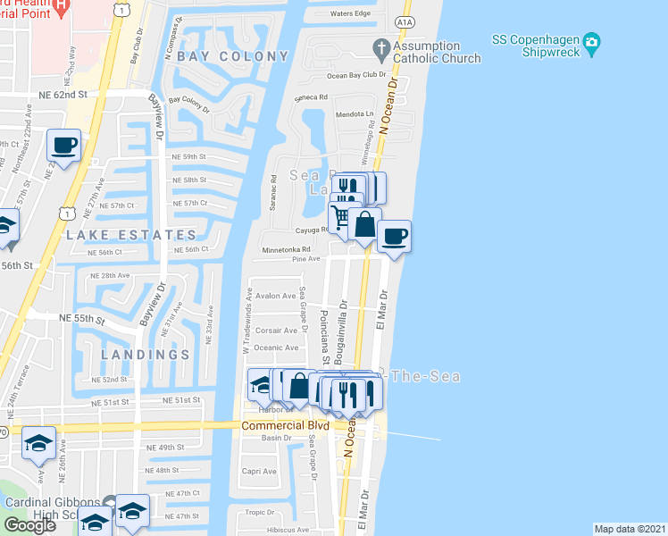 map of restaurants, bars, coffee shops, grocery stores, and more near 4627 Bougainvilla Drive in Lauderdale-by-the-Sea