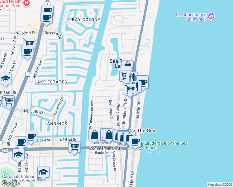 map of restaurants, bars, coffee shops, grocery stores, and more near 4618 Sea Grape Drive in Lauderdale-by-the-Sea