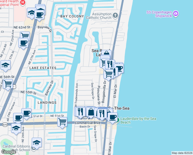 map of restaurants, bars, coffee shops, grocery stores, and more near 4618 Sea Grape Drive in Lauderdale-by-the-Sea