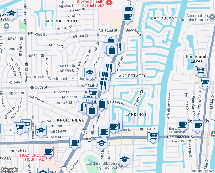 map of restaurants, bars, coffee shops, grocery stores, and more near 5561 Northeast 26th Avenue in Fort Lauderdale