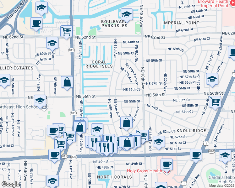 map of restaurants, bars, coffee shops, grocery stores, and more near 5511 Northeast 16th Avenue in Fort Lauderdale