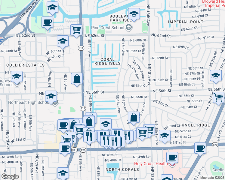 map of restaurants, bars, coffee shops, grocery stores, and more near 1454 Northeast 56th Street in Fort Lauderdale