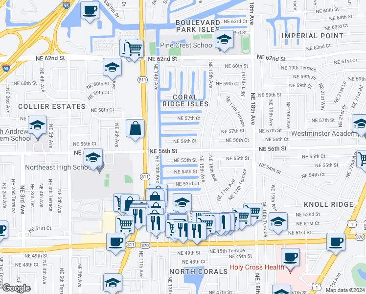 map of restaurants, bars, coffee shops, grocery stores, and more near 1454 Northeast 56th Street in Fort Lauderdale