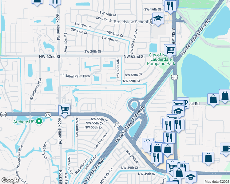 map of restaurants, bars, coffee shops, grocery stores, and more near 5711 Northwest 48th Avenue in Tamarac