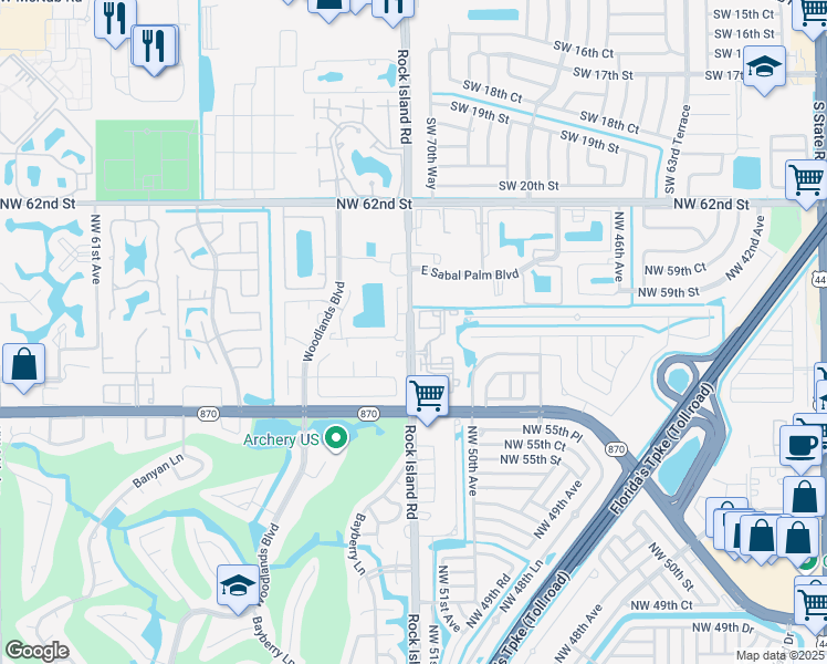 map of restaurants, bars, coffee shops, grocery stores, and more near 5280 Gate Lake Road in Tamarac