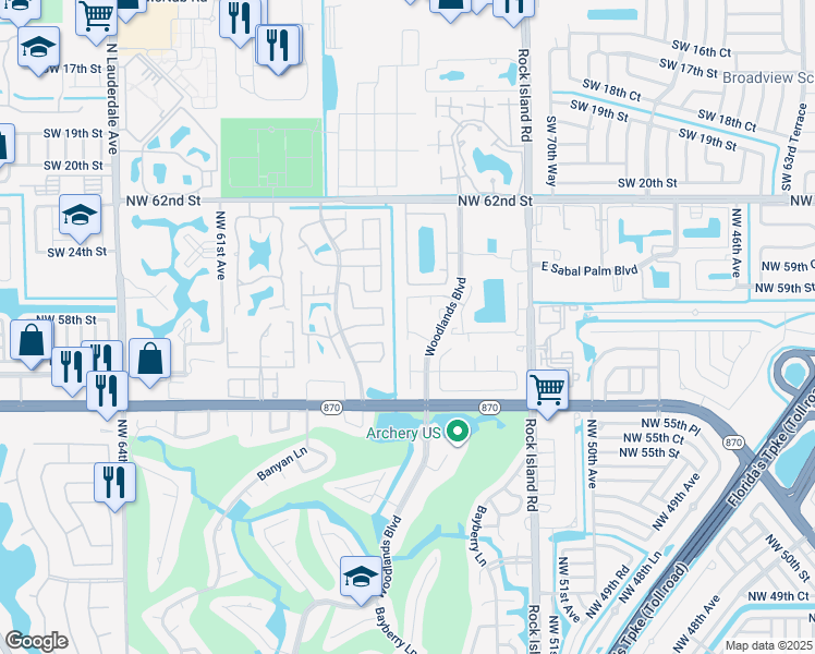 map of restaurants, bars, coffee shops, grocery stores, and more near 5730 Northwest 55th Lane in Tamarac