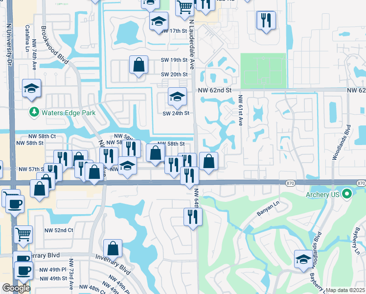 map of restaurants, bars, coffee shops, grocery stores, and more near 5713 Northwest 64th Terrace in Tamarac
