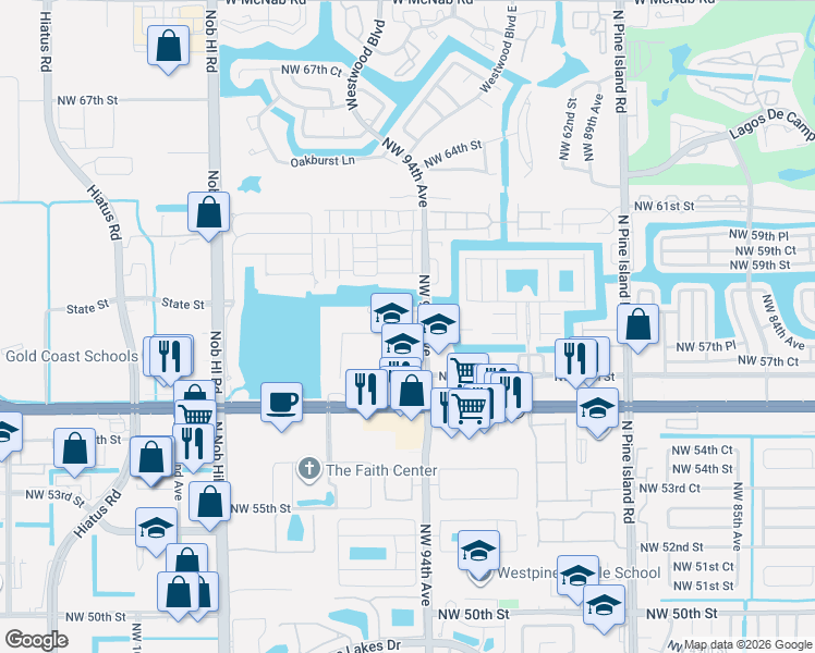 map of restaurants, bars, coffee shops, grocery stores, and more near 5803 Northwest 94th Avenue in Tamarac