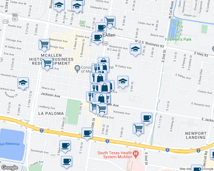 map of restaurants, bars, coffee shops, grocery stores, and more near 912 West Houston Avenue in McAllen