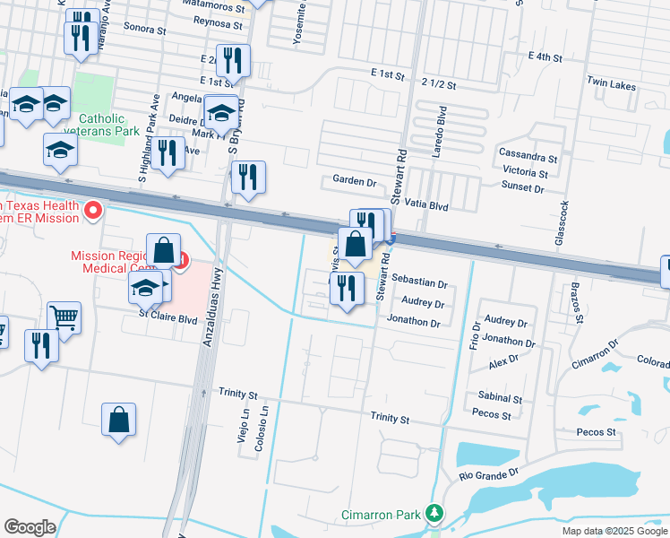 map of restaurants, bars, coffee shops, grocery stores, and more near 813 Travis Street in Mission