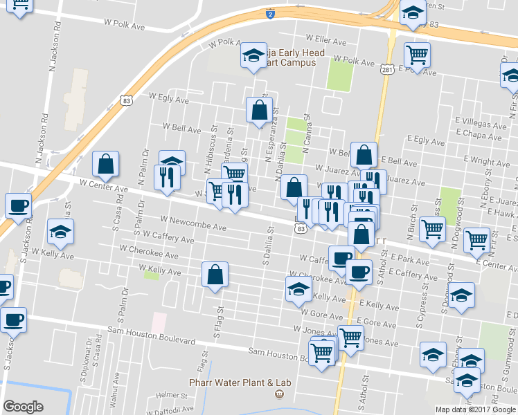 map of restaurants, bars, coffee shops, grocery stores, and more near 601 West State Avenue in Pharr