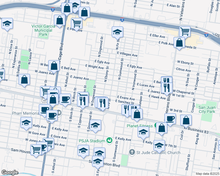map of restaurants, bars, coffee shops, grocery stores, and more near 712 East Hawk Avenue in Pharr