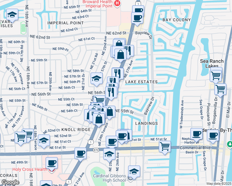 map of restaurants, bars, coffee shops, grocery stores, and more near 5561 Northeast 26th Avenue in Fort Lauderdale