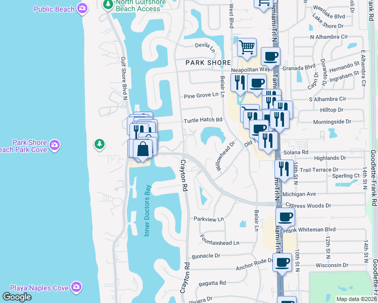 map of restaurants, bars, coffee shops, grocery stores, and more near 561 Park Shore Drive in Naples