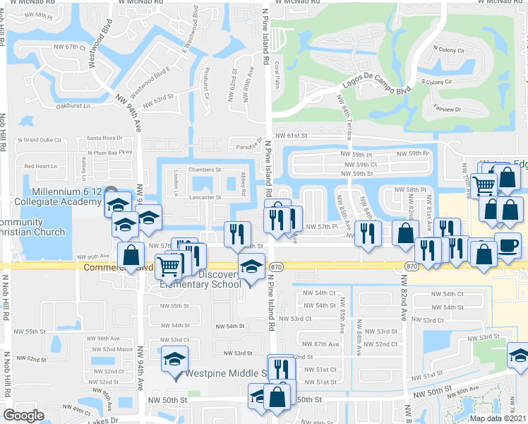 map of restaurants, bars, coffee shops, grocery stores, and more near 8853 North Isles Circle in Tamarac