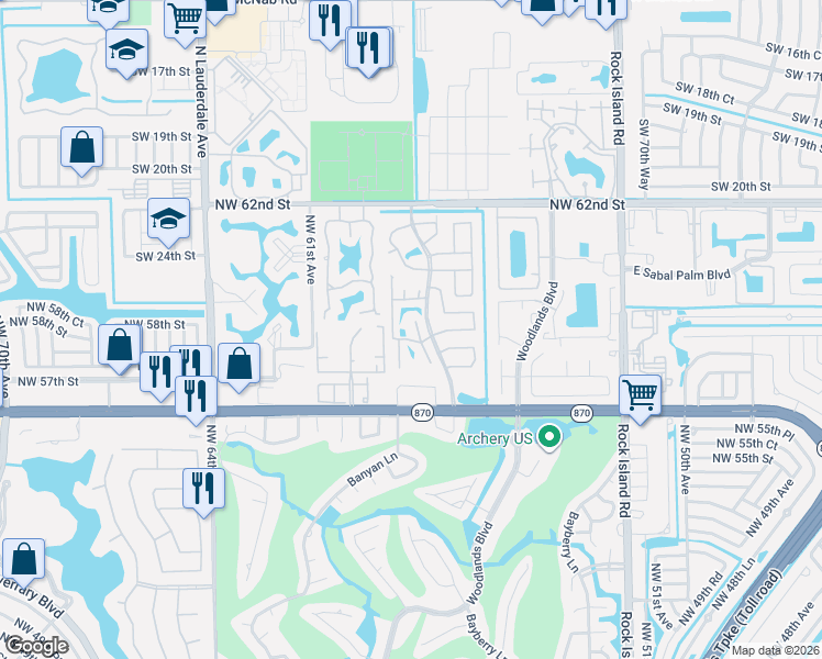 map of restaurants, bars, coffee shops, grocery stores, and more near 5701 Swordfish Circle in Tamarac