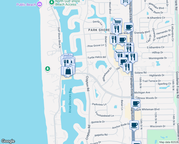map of restaurants, bars, coffee shops, grocery stores, and more near 400 Park Shore Drive in Naples