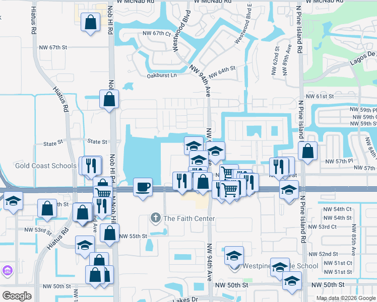 map of restaurants, bars, coffee shops, grocery stores, and more near 5803 Northwest 94th Avenue in Tamarac