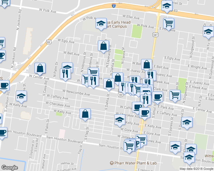 map of restaurants, bars, coffee shops, grocery stores, and more near 598 West State Avenue in Pharr