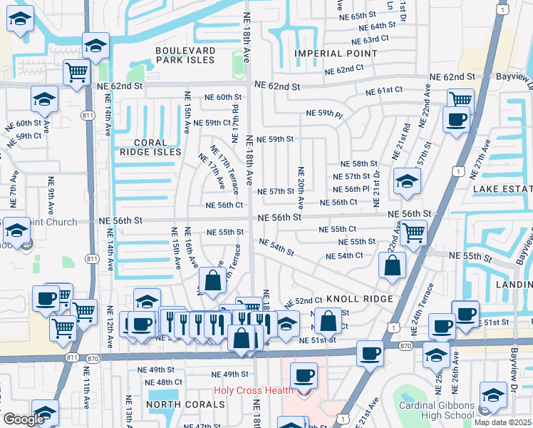 map of restaurants, bars, coffee shops, grocery stores, and more near 5530 Northeast 18th Avenue in Fort Lauderdale