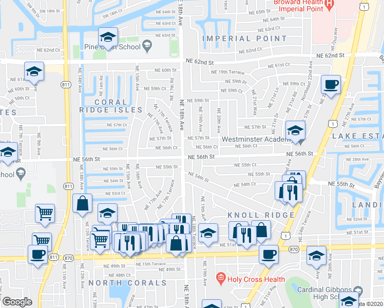 map of restaurants, bars, coffee shops, grocery stores, and more near 5530 Northeast 18th Avenue in Fort Lauderdale