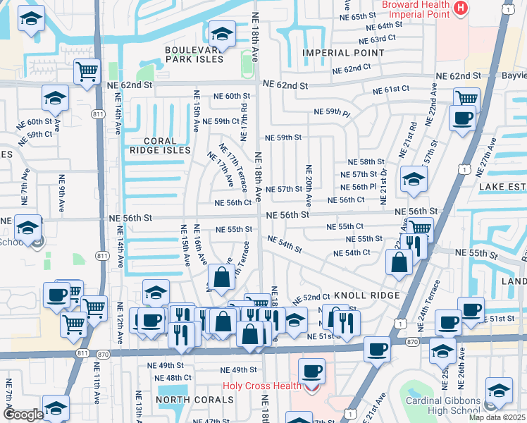 map of restaurants, bars, coffee shops, grocery stores, and more near 5530 Northeast 18th Avenue in Fort Lauderdale